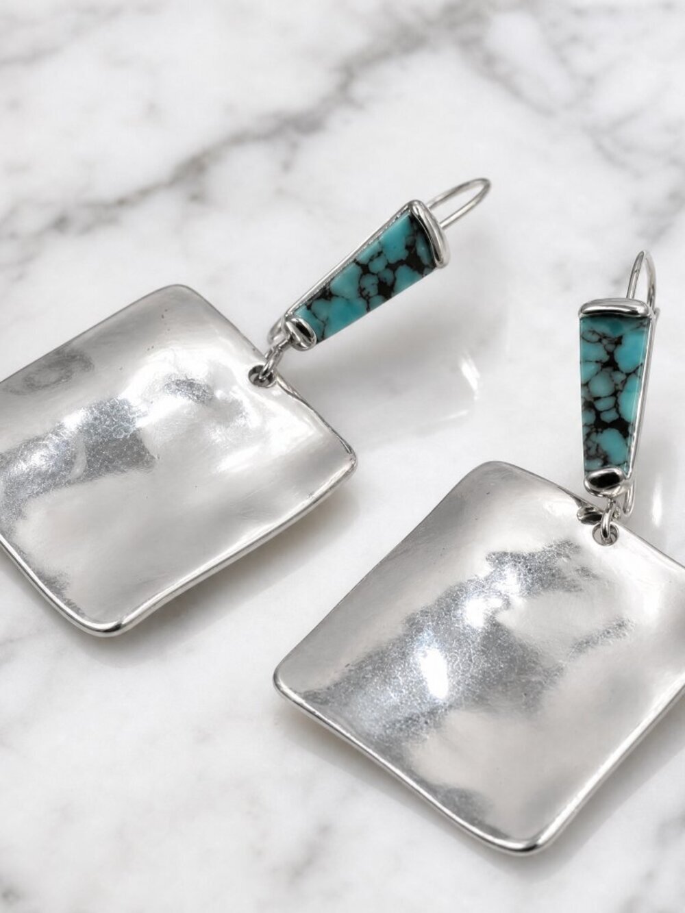 Robert Lee Morris Soho Turquoise Silver Hammered Square Dangle Earrings EUC